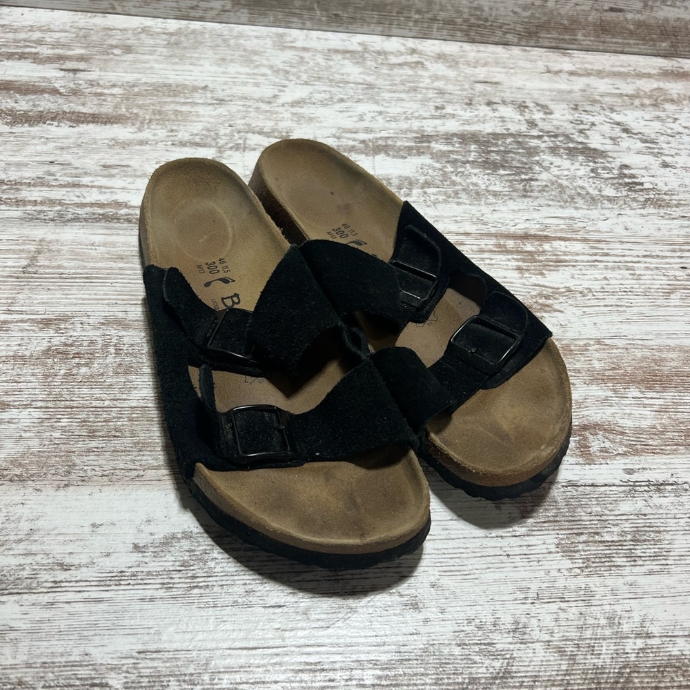 Betula by Birkenstock black suede leather two strap Arizona sandal 46